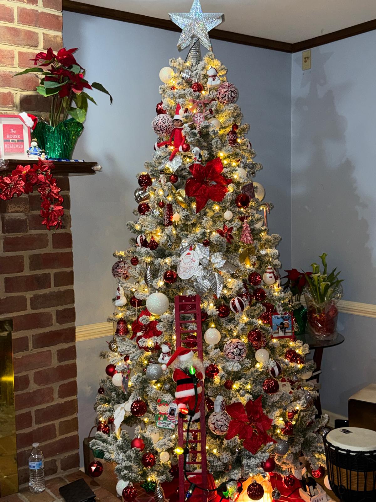 Decorated Christmas tree with red, white, and silver ornaments, lights, flowers, and a star topper